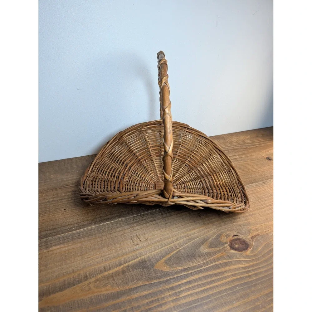 Vintage Woven Wicker Flower Gathering Basket Garden Trug Braided Handle Farm